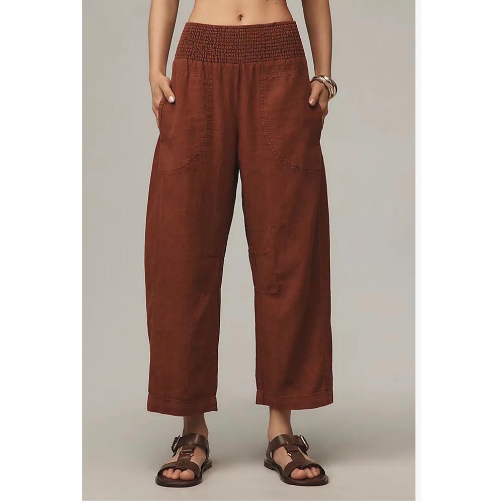 Pilcro and the Letterpress Brown Smocked Waist Linen Blend Wide Leg Pants Medium